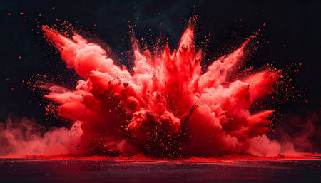An intense red powder cloud bursting upwards from a surface against a dark background, with scattered particles.の素材