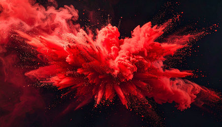 A powerful explosion of bright red powder and fine particles radiates outwards against a dark backdrop.の素材