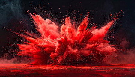 A powerful red powder explosion creates a ground impact with billowing smoke against a dark backdrop.の素材