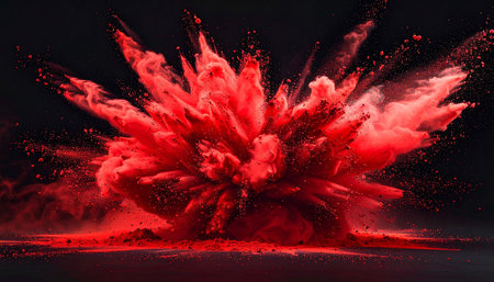 An intense burst of red powder and fine particles exploding and scattering across a dark surface.の素材
