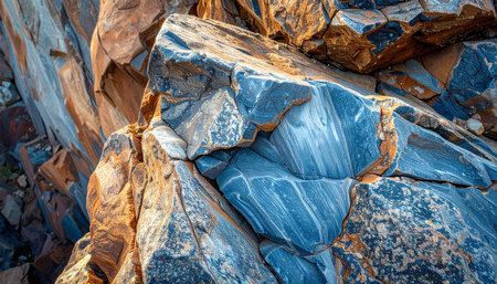 Jagged blue and orange rocks display intricate textures and striations, illuminated by natural sunlight in a...の素材