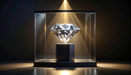 A luminous diamond is suspended in a glass display case, illuminated by a focused beam of light from above.の素材