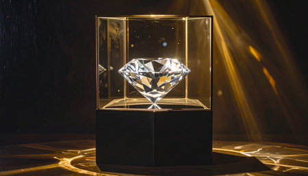 A large, brilliant cut diamond displayed in a glass case with dramatic lighting and reflections.の素材