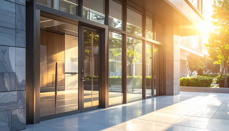 Modern building entrance with glass doors reflecting golden sunlight and trees. Clear details and vibrant colors enha...の素材