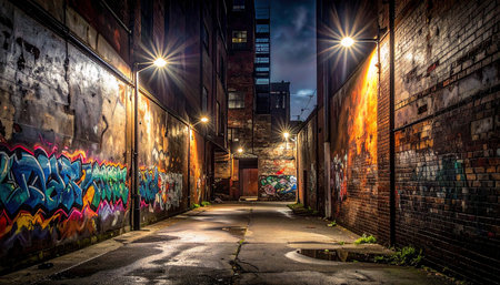A narrow, wet urban alleyway at night, illuminated by streetlights and covered in graffiti.の素材