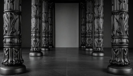 Ornate dark columns create a tunnel effect in a dimly lit hallway with a tiled floor.の素材