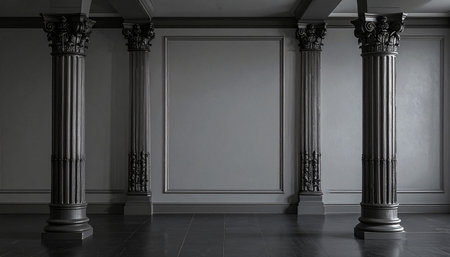 Ornate Corinthian columns flank a blank framed wall in a dark, elegant interior with a tiled floor.の素材