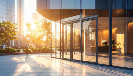 A modern office building entrance with glass doors, showcasing sunbeams and reflections during golden hour.の素材
