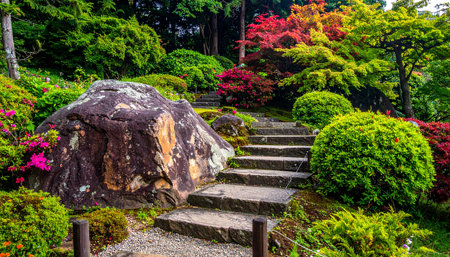 Stone steps ascend through a lush garden with a large boulder and vibrant red and green foliage.の素材