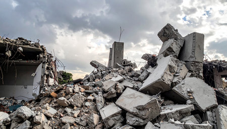 Decay showing pile of concrete debris and broken building structures against a cloudy sky keywords: rubble, debris,...の素材