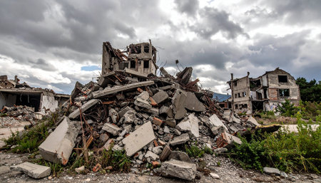 Decay showing pile of concrete rubble and destroyed buildings with overgrown vegetation under a cloudy sky keywords:...の素材