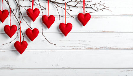 Red fabric hearts with red ribbons hang from bare tree branches on a white wooden background.の素材