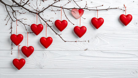 Red heart ornaments and one pink heart hang from a bare branch against a white wooden plank background.の素材