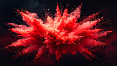 A central burst of red powder explodes radially, scattering fine particles against a dark background.の素材