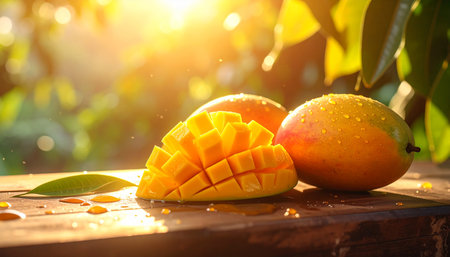Ripe mangoes with cubed flesh and water droplets sit on a wooden surface in warm sunlight.の素材