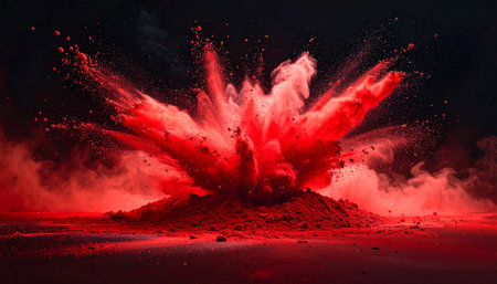 A vibrant red powder explosion erupts from a mound of dust on a dark surface, with smoke and particles scattering.の素材