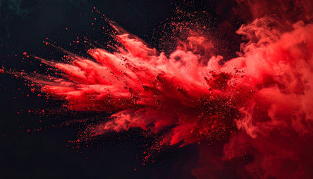 Red powder streaks outward in a dynamic burst, with fine particles and smoke trails against dark.の素材