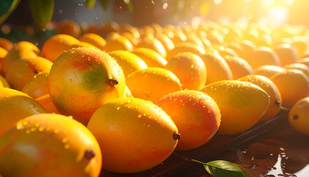 Close-up of ripe mangoes covered in water droplets, bathed in warm golden sunlight.の素材