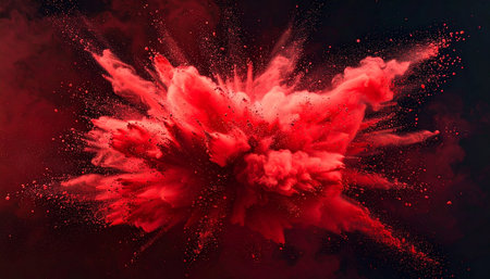 A red powder burst with trailing smoke and fine particles expands against a dark background.の素材