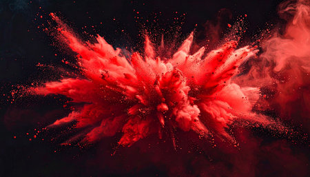 A vibrant red powder cloud explodes with fine particles and wisps of smoke against a dark backdrop.の素材