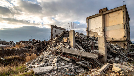 A ruined building and piles of debris with dry grass in the foreground under a cloudy sky.の素材