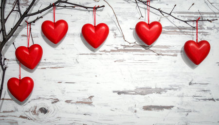Natural showing seven red heart ornaments suspended from bare branches on a white wooden surface keywords: heart,...の素材