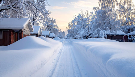 A snow-covered street lined with houses and trees, with deep snowdrifts and a clear path.の素材