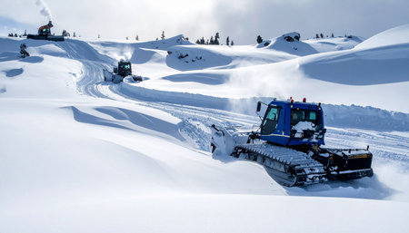 Snow groomers work on a steep, snowy mountain slope, creating tracks in the winter landscapeの素材