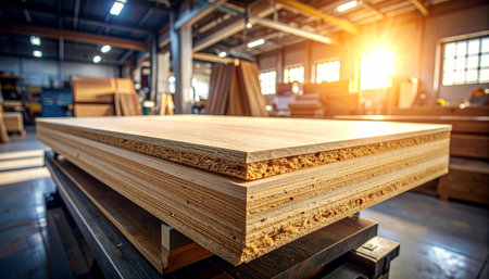 Stack of particle board panels with wood grain laminate in a sunlit workshop. Clear details and vibrant colors enhanc...の素材