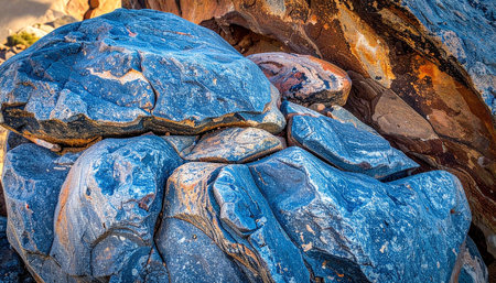 Close-up of stacked blue and orange rocks showcasing detailed textures, cracks, and mineral veins in natural light.の素材