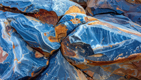 Stacked blue rocks featuring orange and white streaks and sharp, defined edges. Clear details and vibrant colors enha...の素材