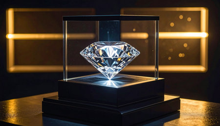 A sparkling diamond is displayed in a glass case, with soft golden lights and bokeh in the background.の素材