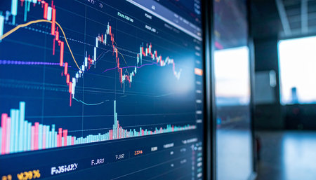 A stock market trading chart displayed on a screen in a contemporary office environmentの素材