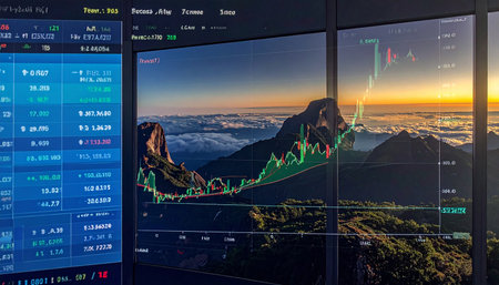 Stock market trading charts are displayed on a screen with a beautiful mountain landscape and sunrise in the background.の素材