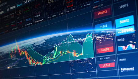 A financial trading screen shows stock market charts overlaid on a view of planet Earth.の素材