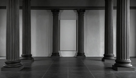 Black showing symmetrical hallway with black columns and large vertical panel. High resolution image suitable for...の素材