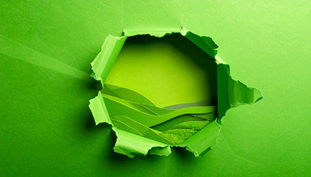 A jagged hole in green paper reveals a layered abstract landscape of paper hills. Clear details and vibrant colors en...の素材