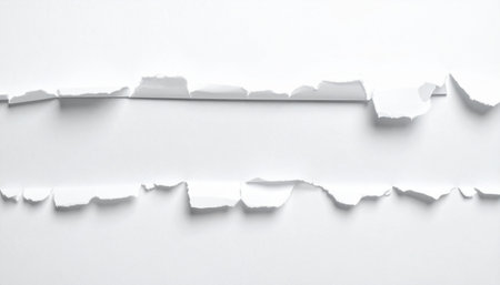 Two horizontal torn white paper strips with uneven edges and shadows against a white background.の素材