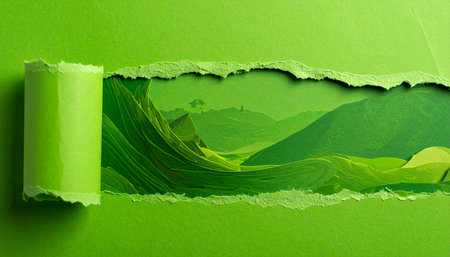 Torn green paper reveals a stylized, layered green mountain landscape with rolling hills.の素材