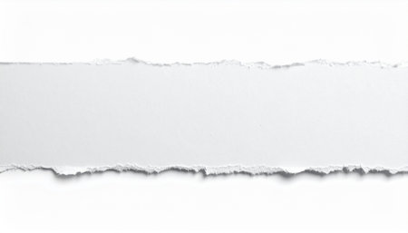 A horizontal strip of torn white paper with ragged edges on a white background. Clear details and vibrant colors enha...の素材