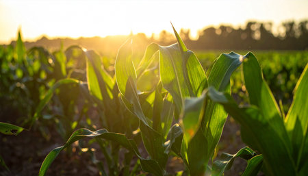 Rows of green corn plants in a field illuminated by the warm glow of a setting sun, creating a soft focus effect.の素材