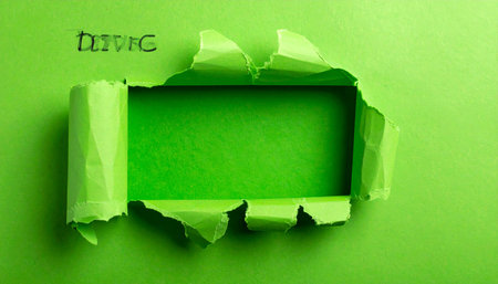 A torn hole in bright green paper reveals a lighter green surface with handwritten text.の素材