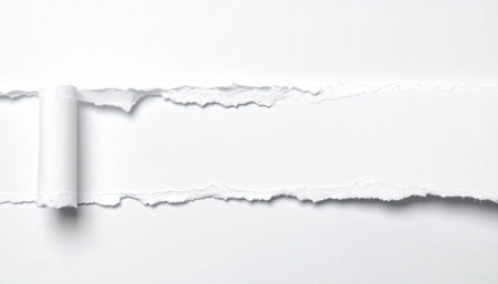 A horizontal torn white paper strip with a rolled edge on the left against a white background.の素材