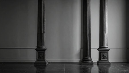 Three dark classical pillars stand against a plain grey wall and a polished marble floor.の素材
