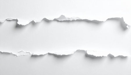 Two torn edges of white paper create a horizontal gap with soft shadows on a white background.の素材