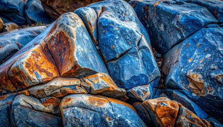 Close-up view of weathered rocks with striking blue and orange hues, showing intricate cracks and layers.の素材