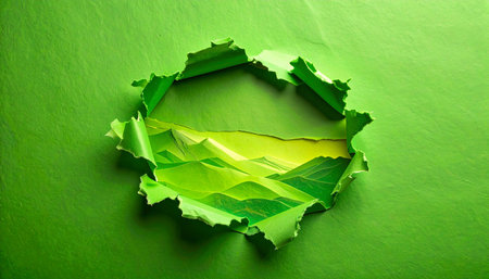 Torn green paper reveals a layered paper landscape with varying shades of green and yellow.の素材