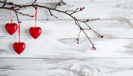 Three red heart ornaments dangle from a bare tree branch against a white wooden plank background.の素材