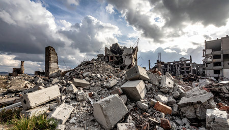 Decay showing vast destruction site with piles of rubble and skeletal remains of buildings keywords: destruction,...の素材