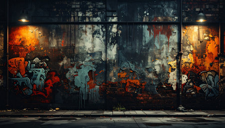 An urban wall adorned with colorful graffiti and textured peeling paint, illuminated by artificial lights.の素材